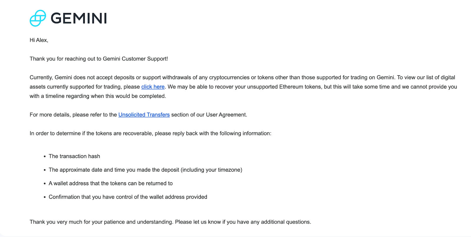 Response from the Gemini support team.
