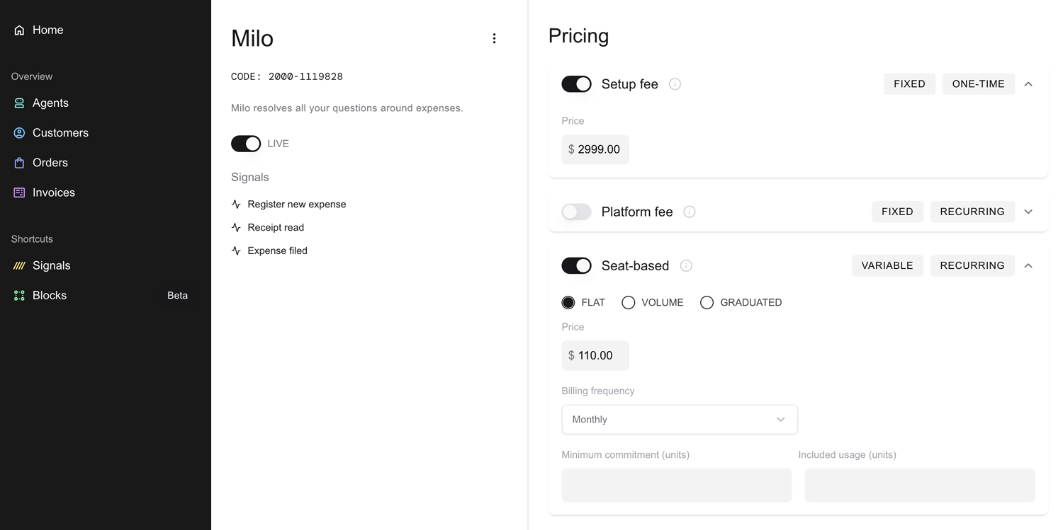 UI in Paid's platform showing a Pricing setup page with various options like setup fee, platform fee, and others.