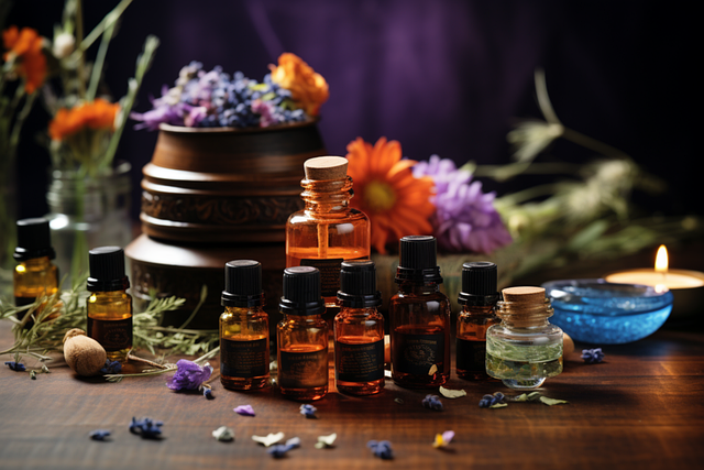 Various essential oils in small bottles.