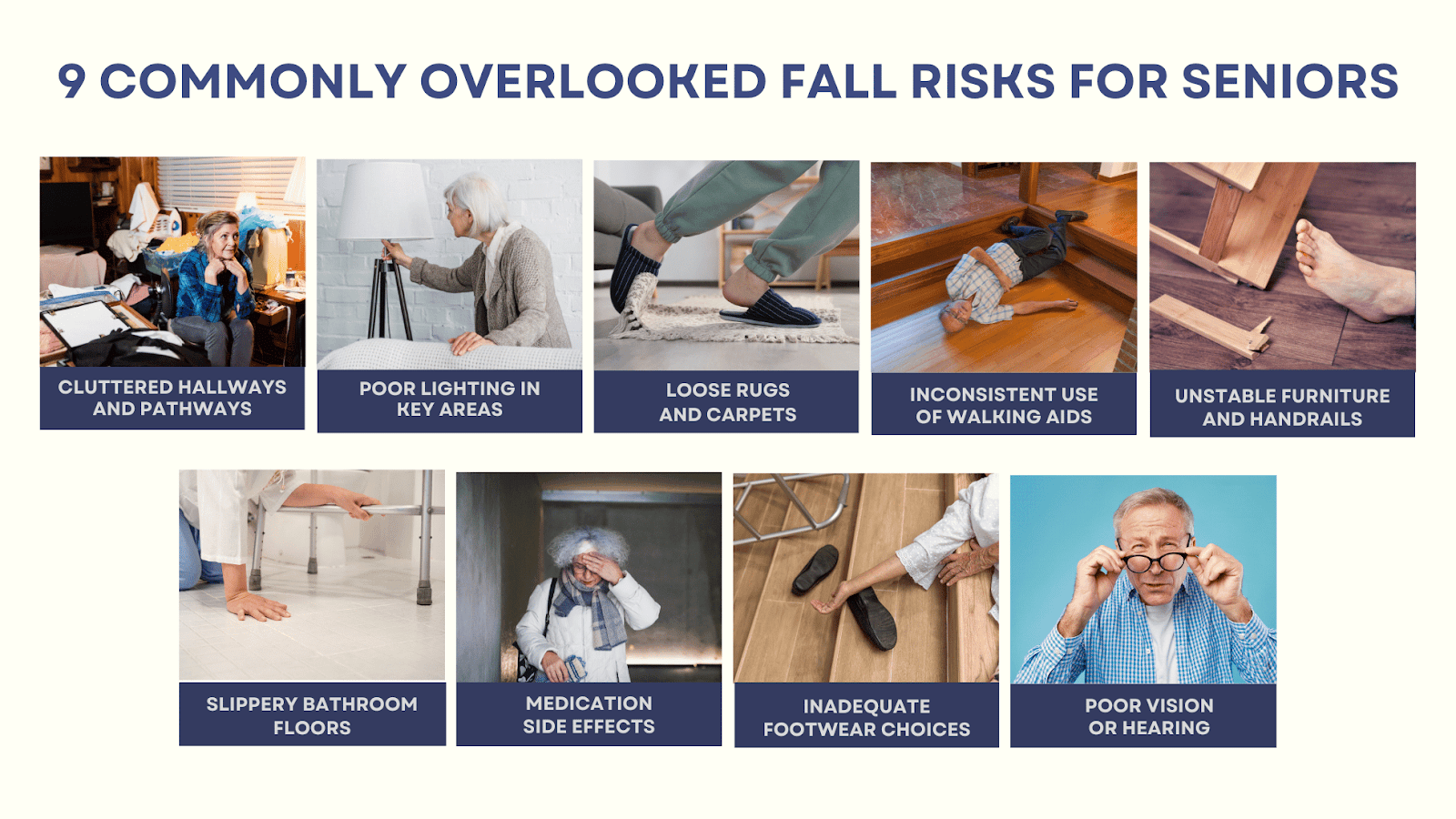 This infographic depicts 9 commonly overlooked fall risks for seniors