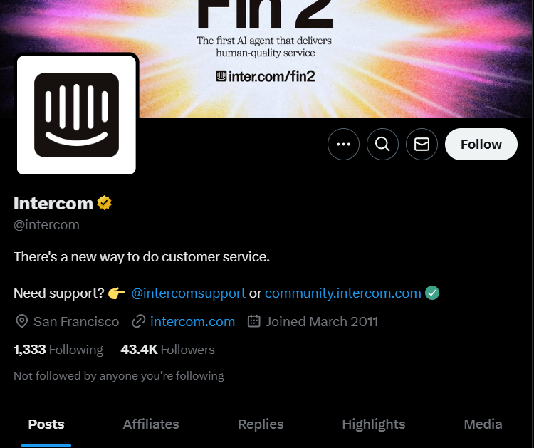 Intercom's Twitter/X profile