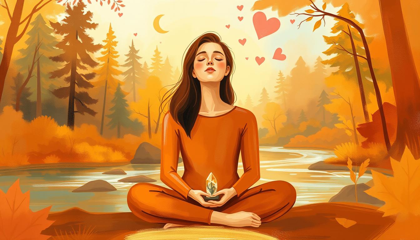 An image that conveys the feeling of gratitude through the use of warm and vibrant colors. Show a person sitting in a peaceful natural setting, such as a forest or near a river, with their eyes closed and a serene expression on their face. In the background, add subtle images of hearts and flowers to represent love. Include a small symbol, such as a crystal or amulet, to suggest manifestation. Use soft brush strokes and gentle curves to create a soothing mood that encourages relaxation and appreciation.