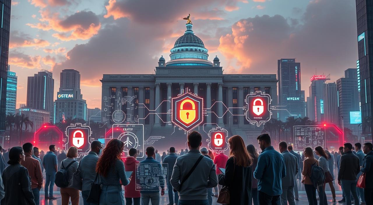 A futuristic urban landscape featuring a modern government building surrounded by digital shields and glowing circuits, a representation of cyber defense. In the foreground, a diverse group of people collaborating around holographic displays showcasing data security elements, such as firewalls and encryption symbols. The atmosphere is charged with technology, illuminated by neon lights reflecting off sleek surfaces, symbolizing innovation and protection in the digital age.