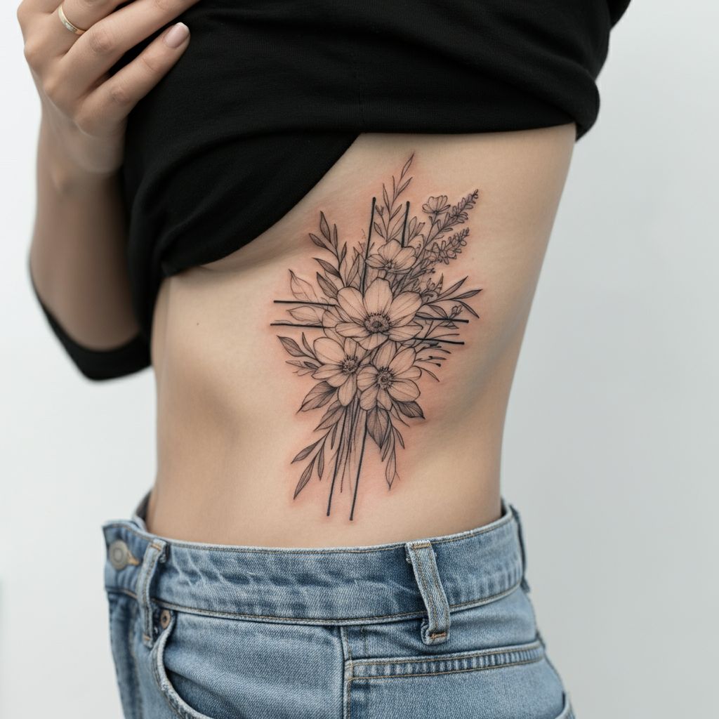 Cross with Flowers Tattoo on ribcage