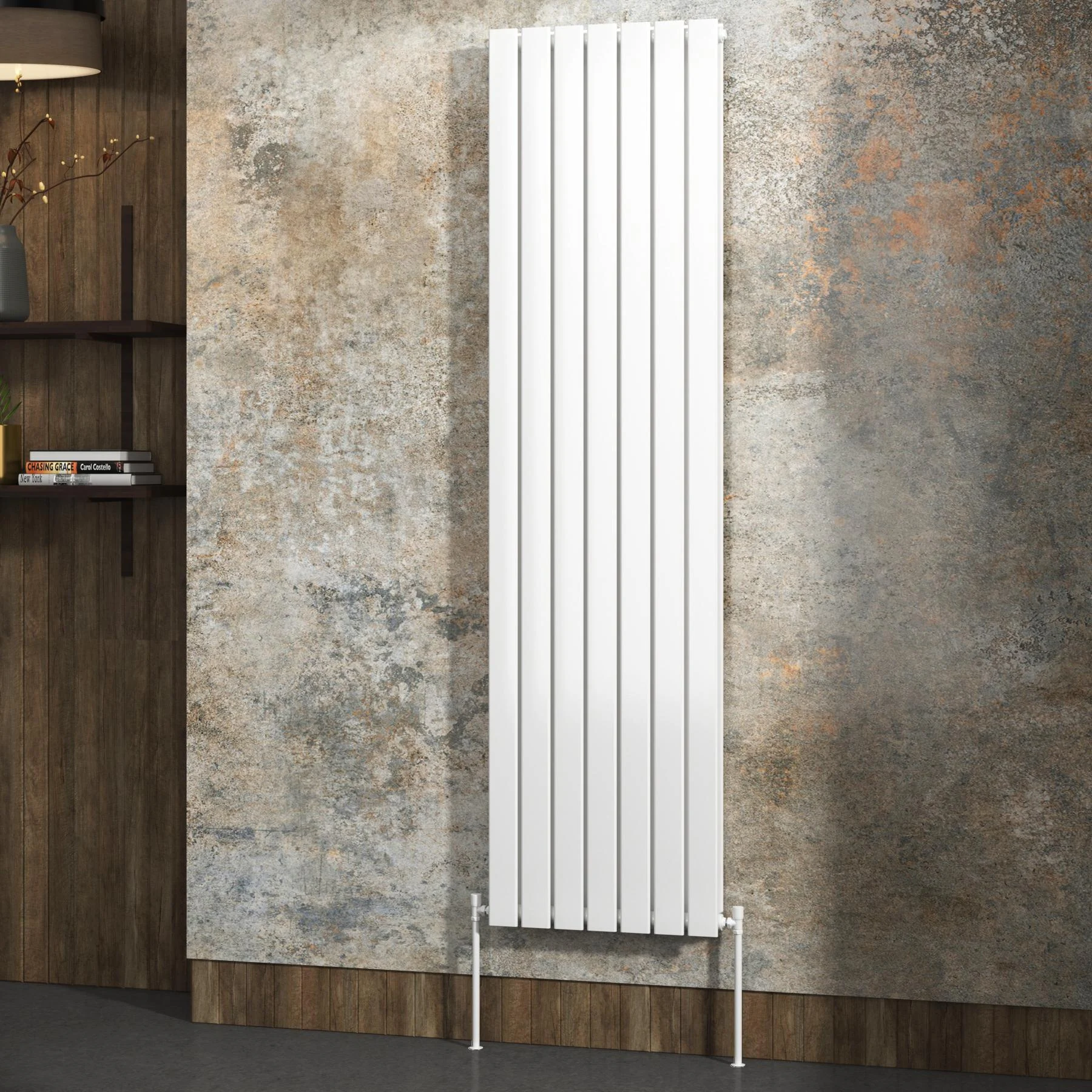 white bathroom radiator on wall