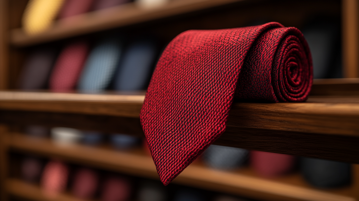 Full view of a red tie, neatly folded, red color, smooth texture, with a wardrobe full of suits and ties on a shelf in the background, stylish and organized look