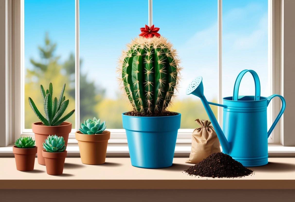 A Christmas cactus sits on a sunny windowsill, surrounded by a few small pots of succulents. A watering can and a bag of soil are nearby