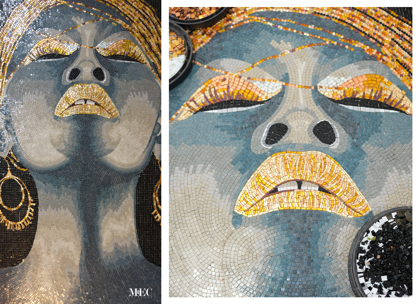 Luxurious handcrafted mosaic artwork of a woman with golden tones, detailed tiles, and bold expression.
