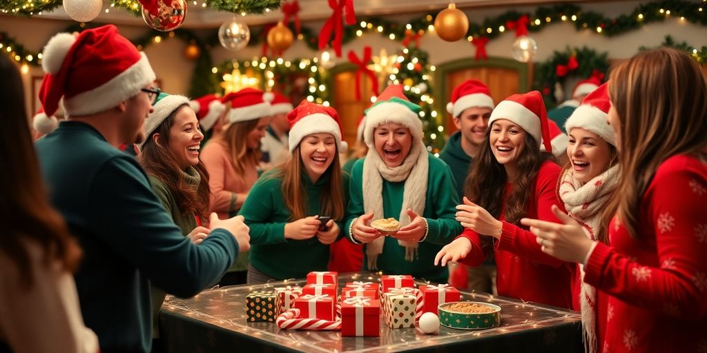 Teams in Christmas attire enjoying holiday festivities together.