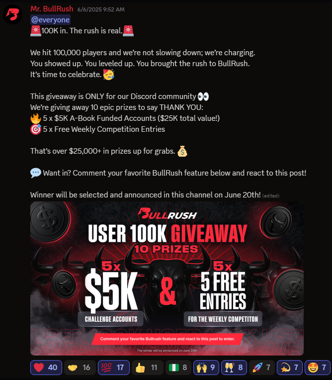 BullRush 100K Discord giveaway countdown with one week remaining to claim epic prizes