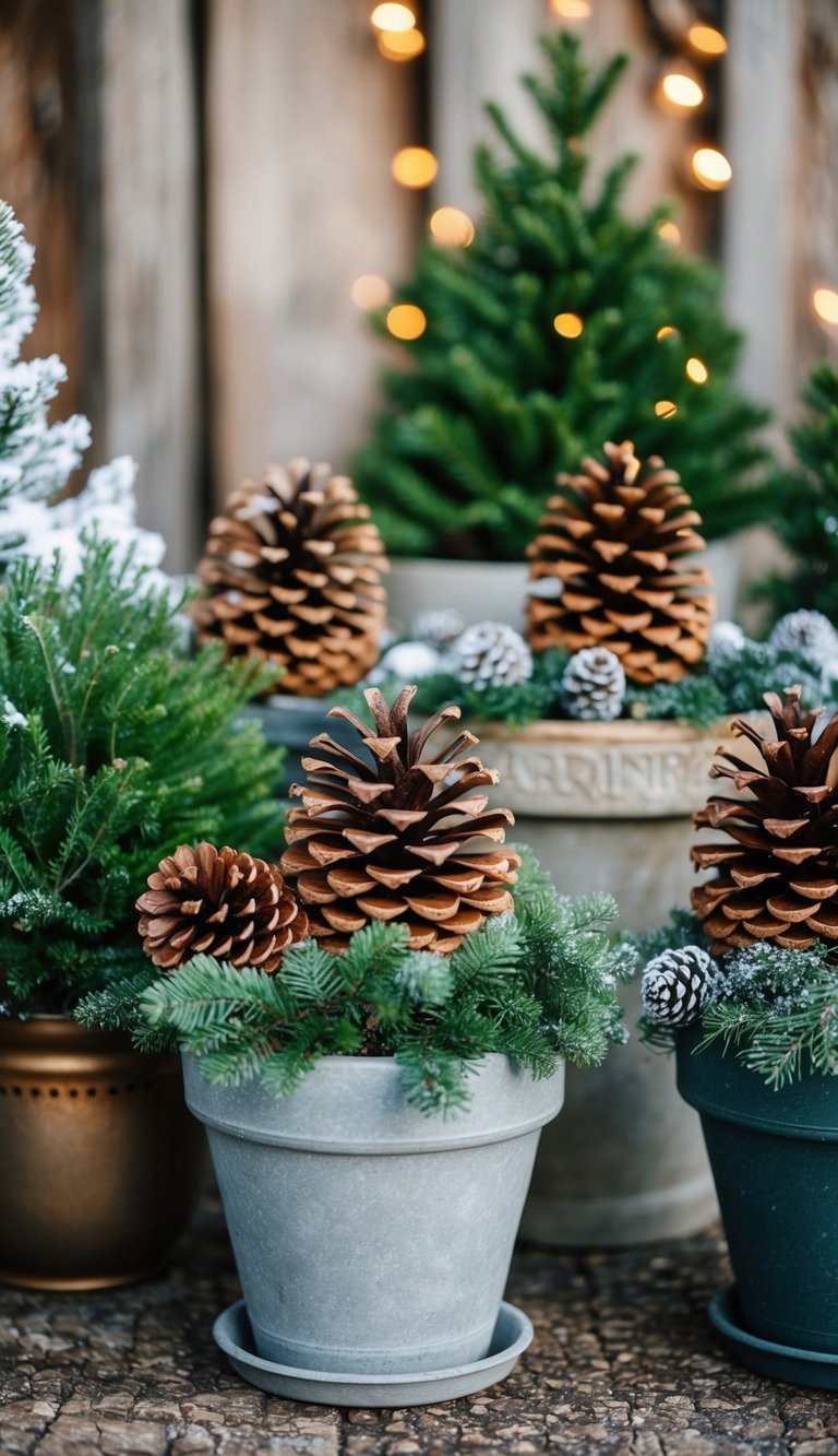 A variety of pinecone planters arranged with winter foliage and decorative elements in a rustic outdoor setting