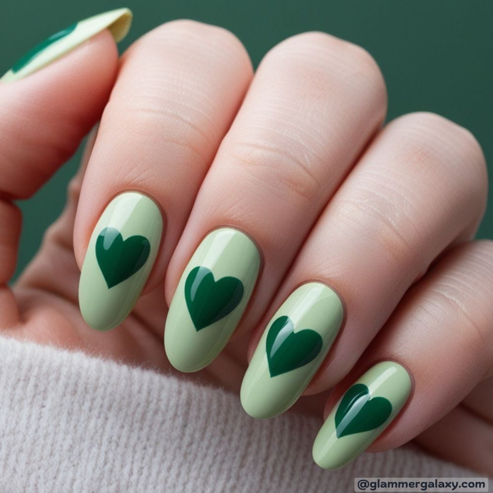 Winter Nail Ideas having Whimsical Green Hearts
