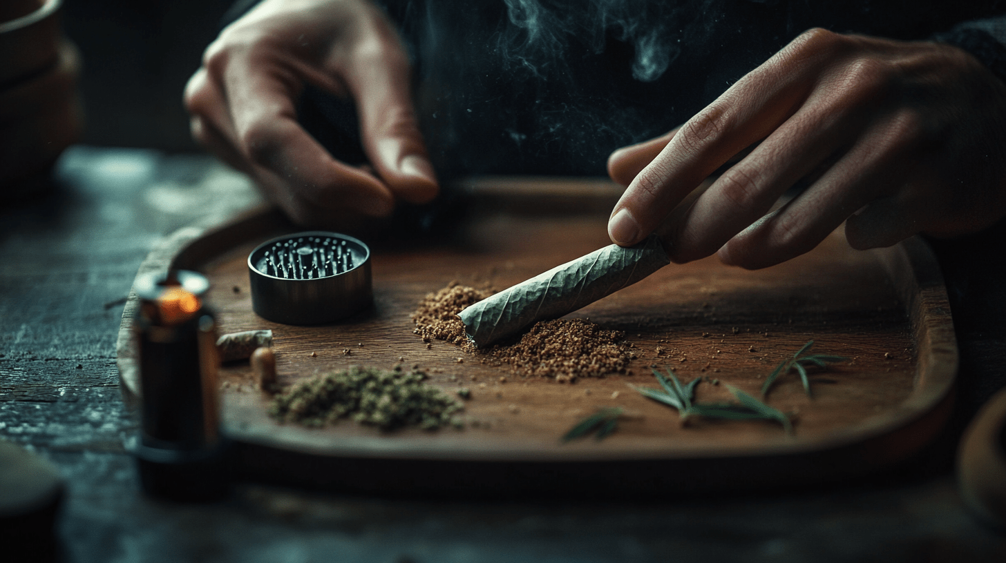 Close-up of hands rolling a blunt on a wooden tray, surrounded by ground cannabis, a grinder, and a lighter. The scene has warm, moody lighting with smoke rising in the background