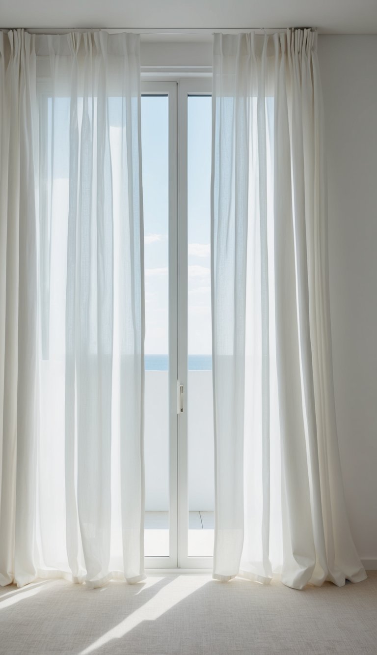 Soft white curtains billow in a sunlit bedroom, casting a gentle glow over a pristine and serene space