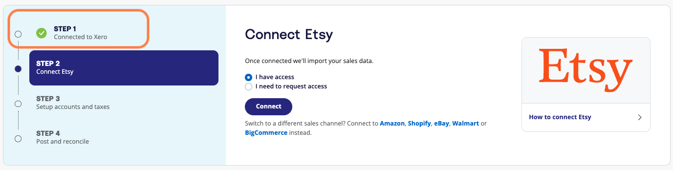 A screenshot showing the next prompt in the A2X dashboard, which is to connect to your sales channel