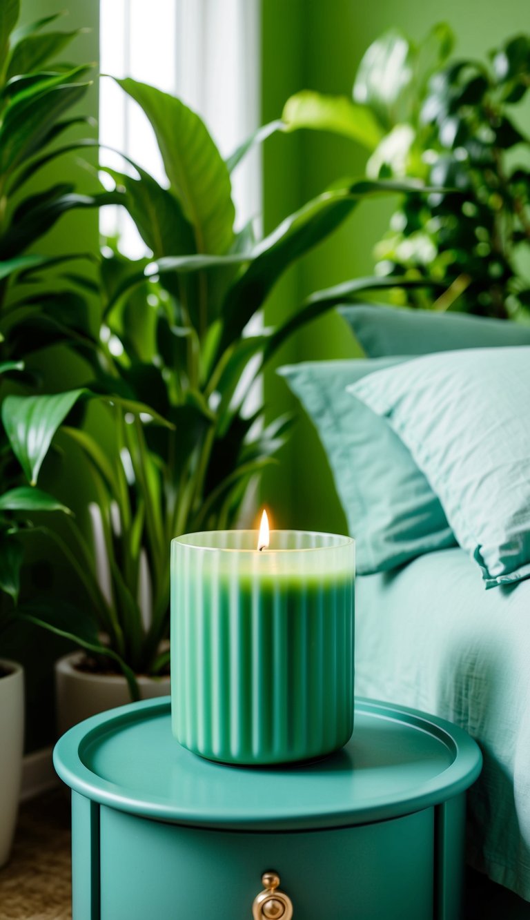 A sea green candle holder sits on a bedside table in a serene green bedroom, surrounded by lush plants and soft, natural light