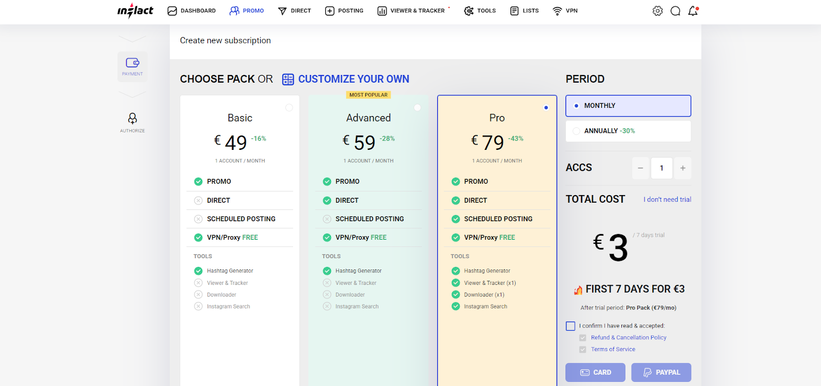 how much Inflact costs during signup - step-by-step guide by Glassagrm