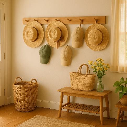 A room with a bench and hats on the wall

AI-generated content may be incorrect.