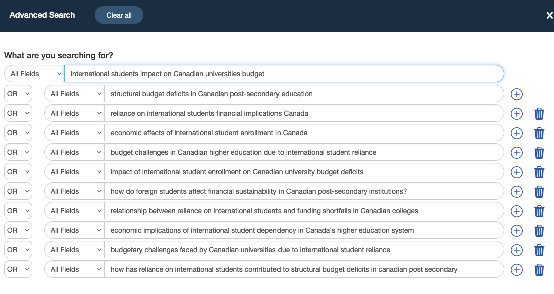 An AI generated search showing 11 natural language sentences connected with the boolean command OR on the topic of international students and Canadian university budgets.