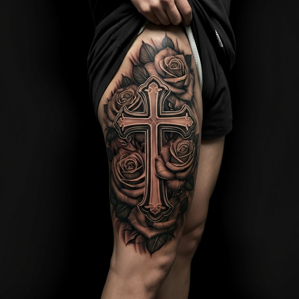 Cross with Flowers Tattoo on thigh 