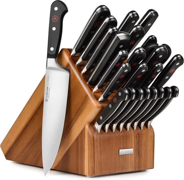 An image showing a Wusthof block set, featuring an impressive array of knives suited for various culinary tasks.