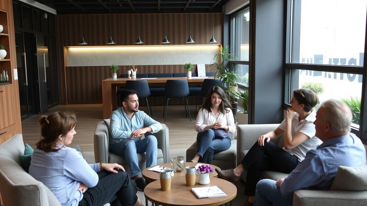 A group of employees taking a break in a cozy lounge area.