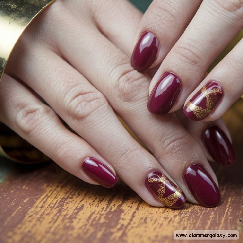 Burgundy fall Nails with Subtle Gold Highlights