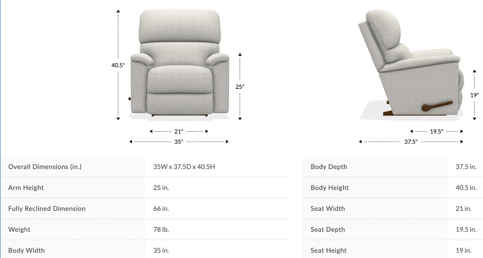 brooks wall recliner dimensions