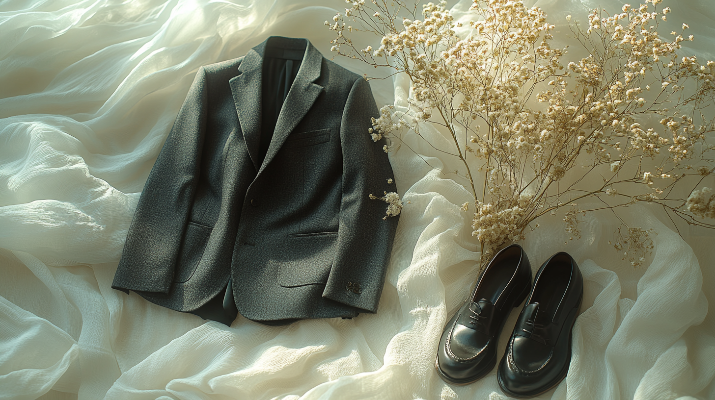 A dark gray suit, delicately and neatly laid flat on a soft, a little flowing white fabric, creating a balanced composition. Beside the dark gray suit is a pair of black shoes placed with care, add some aesthetic display like dried flowers or anything. The scene is softly illuminated with cool white lighting, casting gentle shadows that enhance the minimalist, aesthetic vibe.