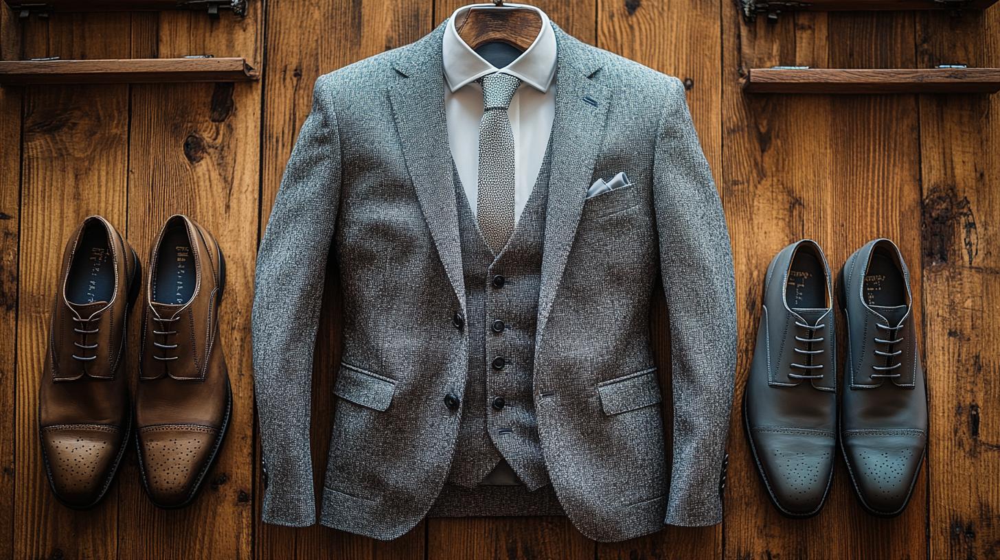 A light grey suit, featuring a white shirt, silver tie, and grey leather shoes, laid out neatly on a textured wooden surface. The soft grey color contrasts beautifully with the warm wooden grains, offering a formal yet laid-back feel ideal for daytime weddings.