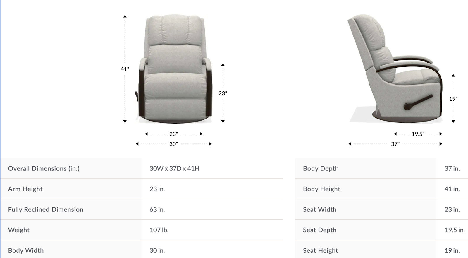 harbor town gliding recliner size and dimensions