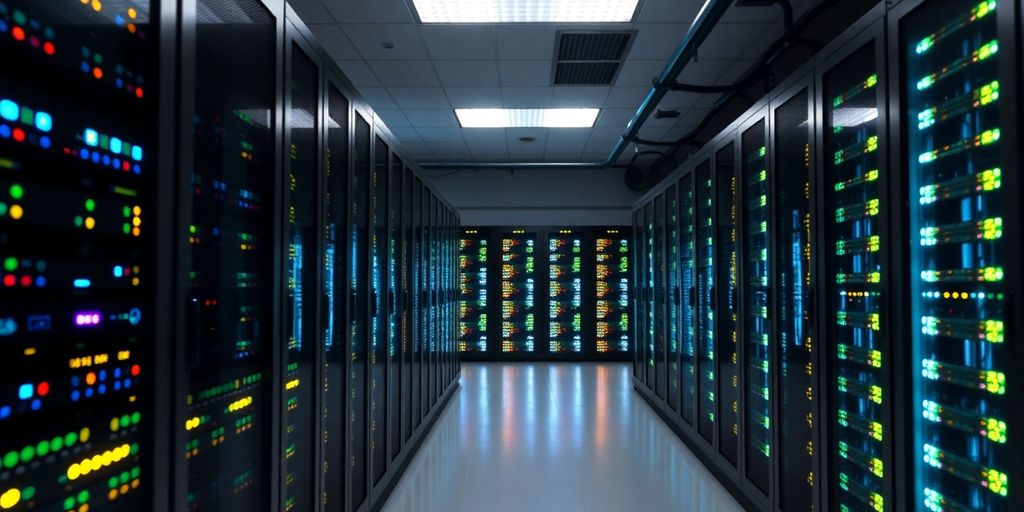 A modern server room filled with high-tech servers.