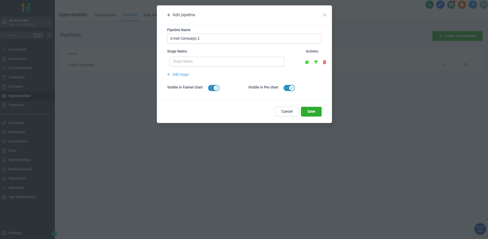 GoHighLevel pipeline setup screen showing fields for naming a sales funnel and defining its stages.