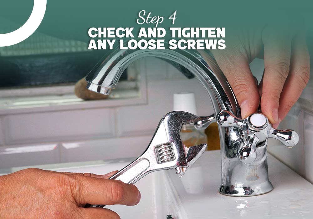 Image depicting the process of checking and tightening loose screws in a two-handle bathtub faucet to prevent leaks.
