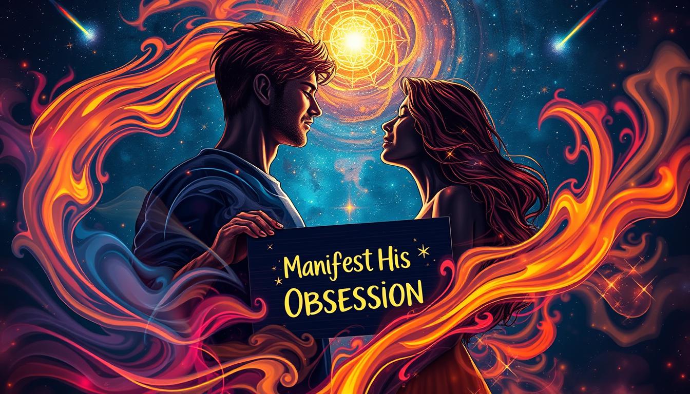 An image of two people aligned with each other's energy, surrounded by swirling colors representing the universe's abundance and attraction. One person is holding a sign that reads "Manifest His Obsession" while the other person gazes lovingly into their eyes. The background is a starry night sky with shooting stars, signifying the limitless possibilities of attraction and love.