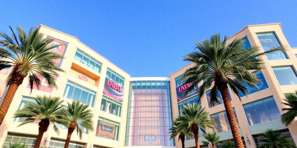 Dubai Mall's impressive architecture and palm trees.