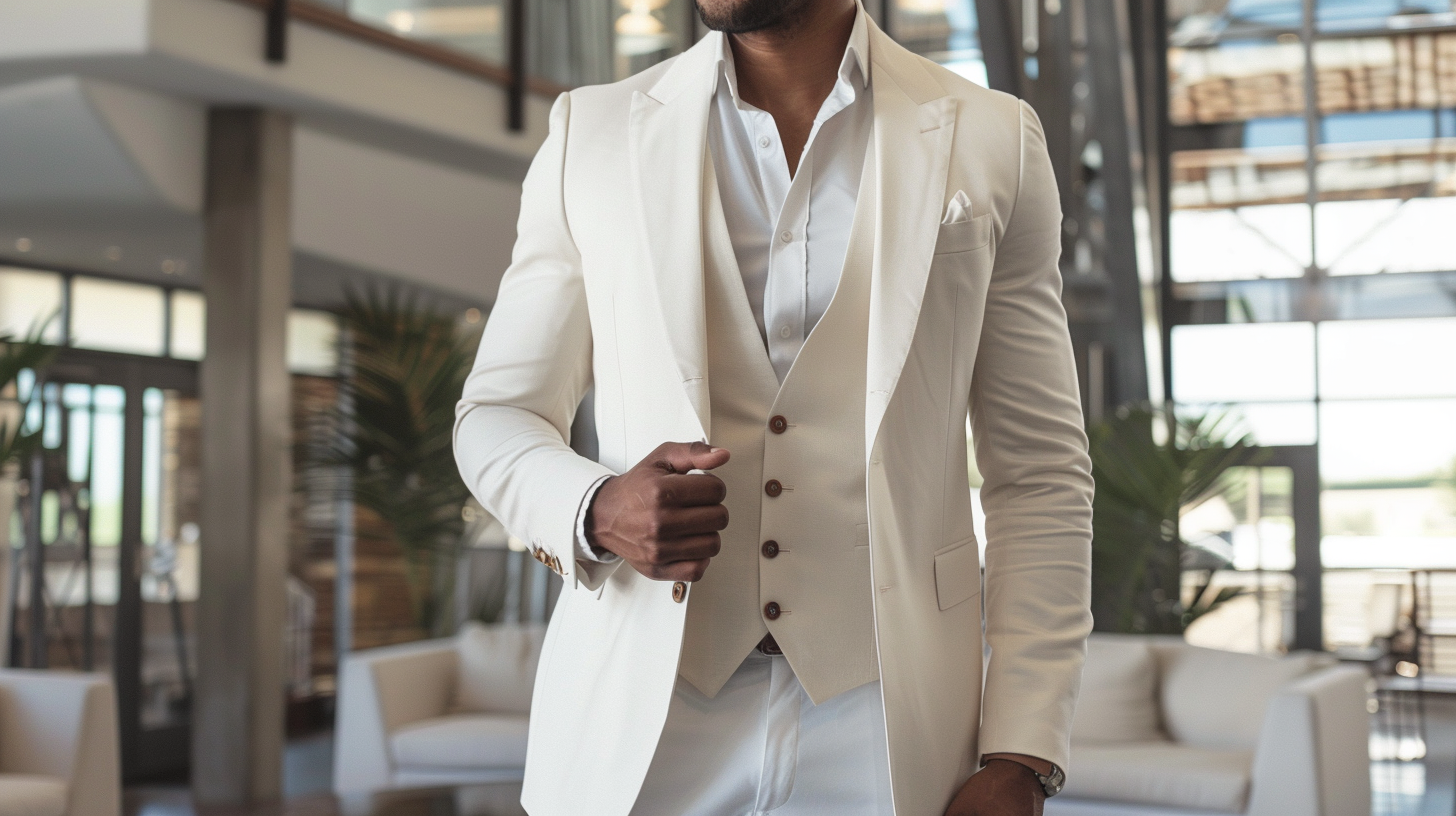 A confident man wearing a tailored white suit jacket paired with a stylish vest, standing in a bright, modern setting. Outfit includes subtle, complementary colors--light blue, cream, or black vest options. Clean lines, elegant fit, warm natural lighting, refined minimalist fashion aesthetic.