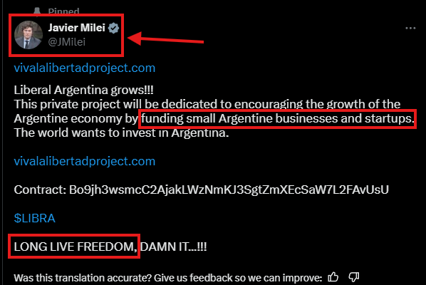 Javier Milei's first X post endorsing $Libra token 15.02.2025