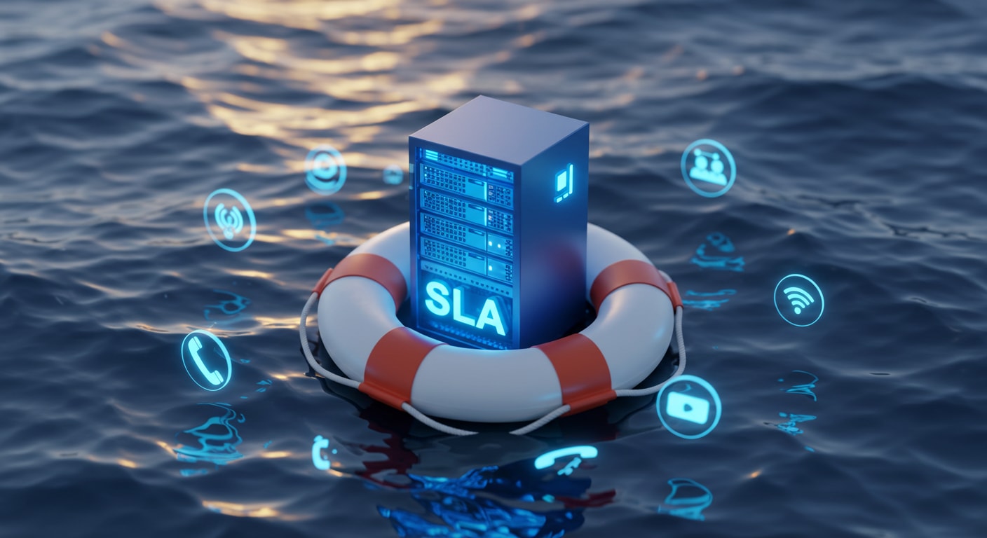 Visual metaphor of SLA protecting SIP trunking reliability, showing secure communication system with no service interruptions.