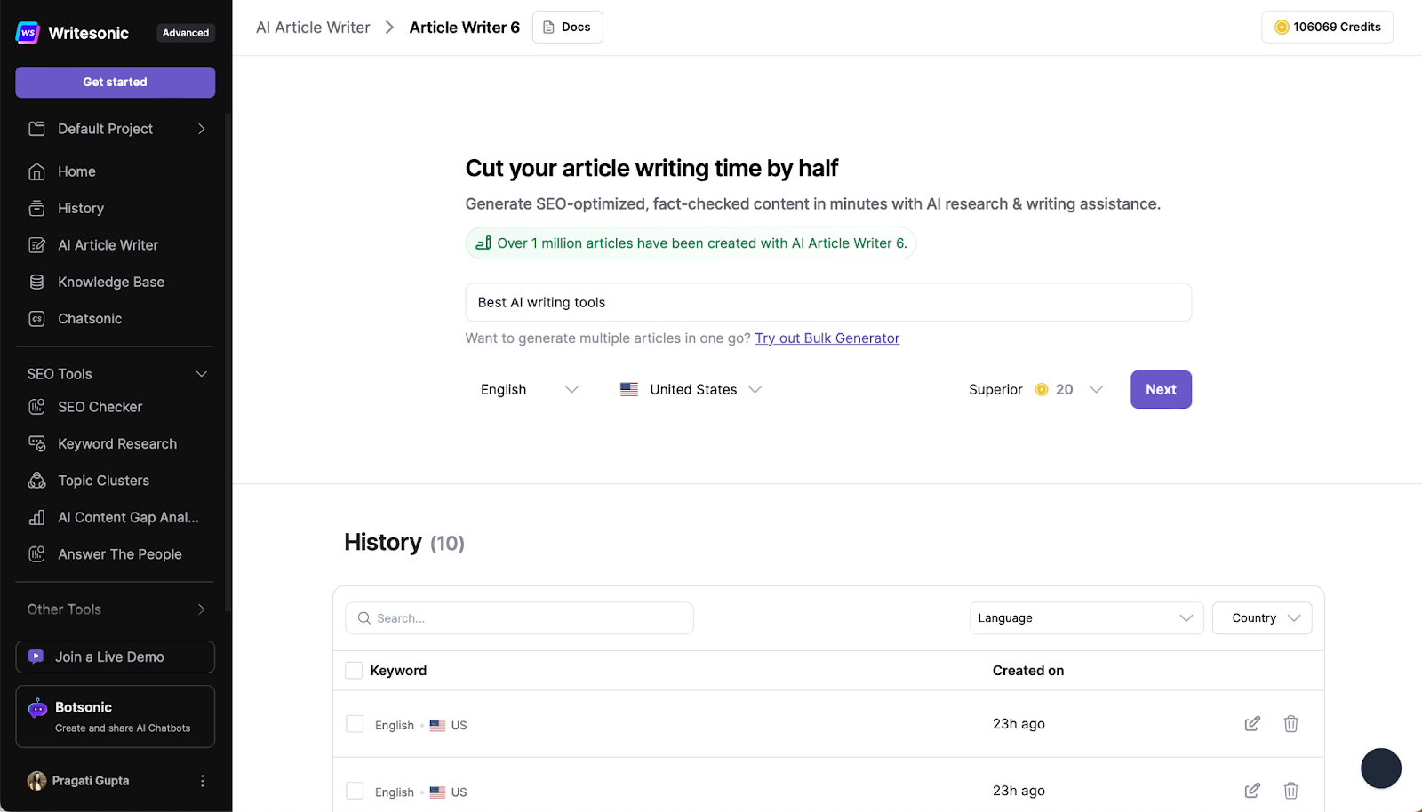 Writesonic's Article Writer - Content automation