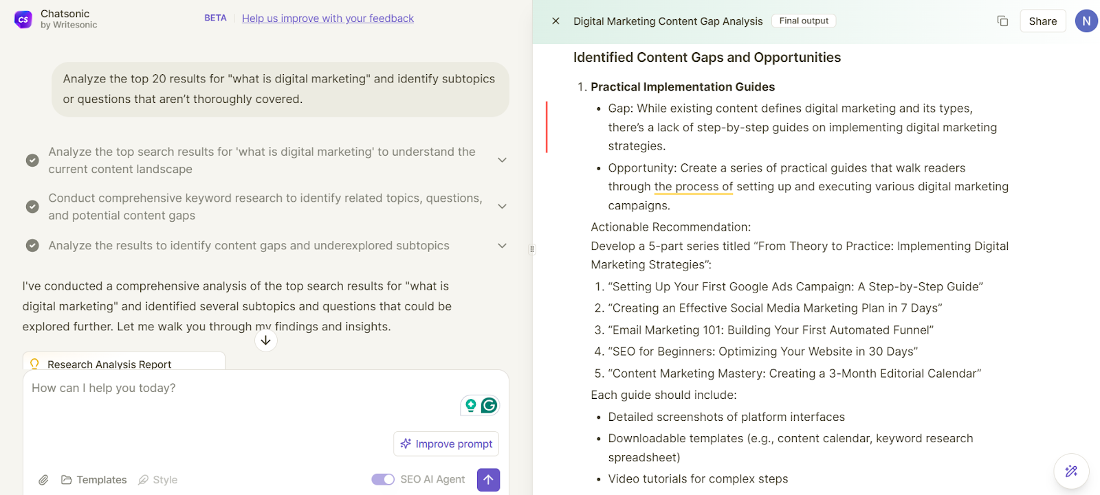 Chatsonic conducts content gap analysis.