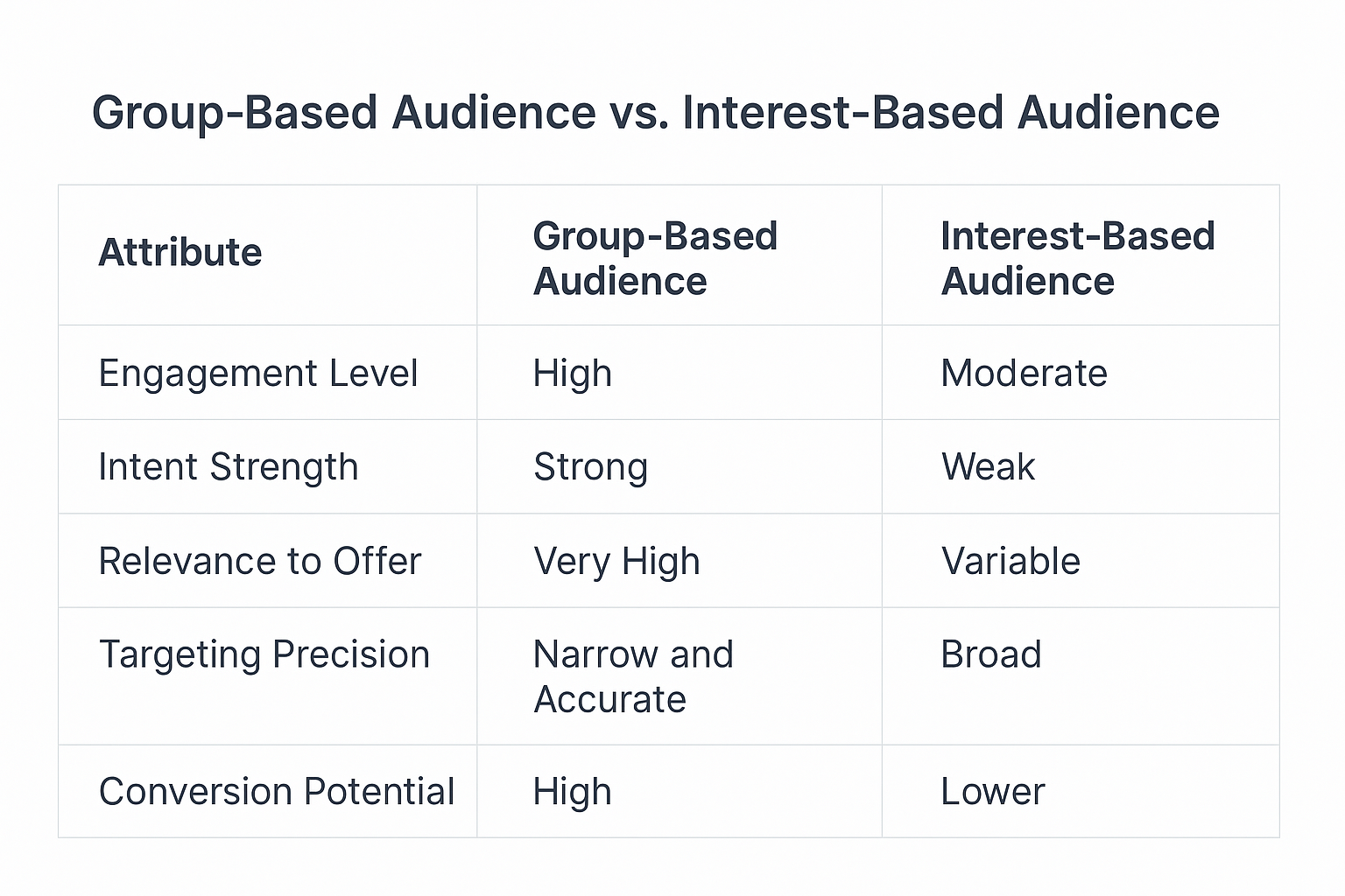 Table comparing Facebook group-based and interest-based audiences across five attributes 