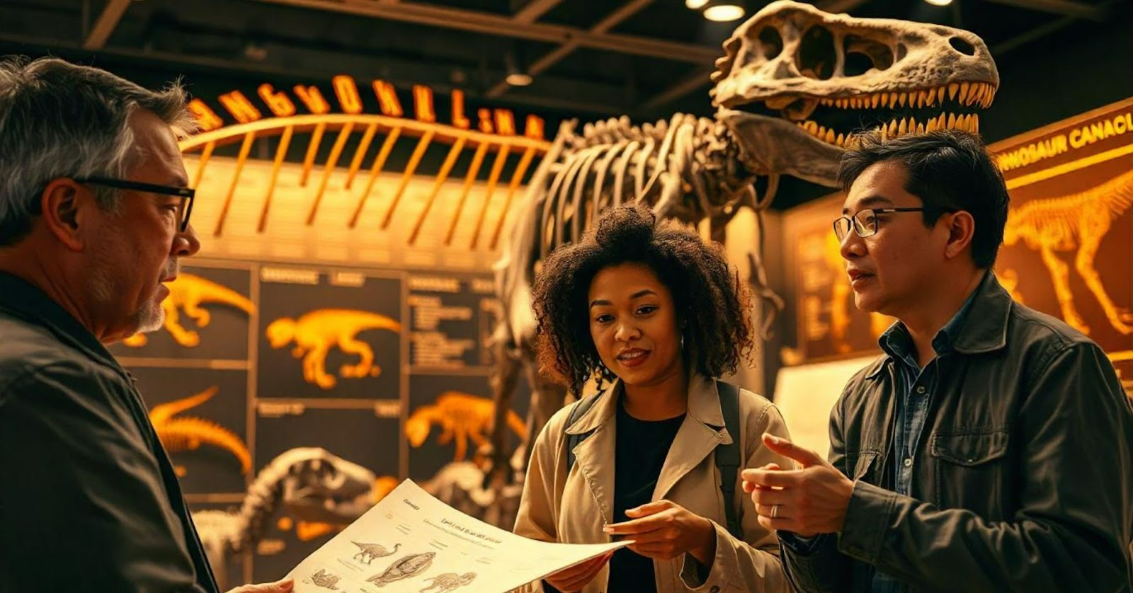 A group of people discussing a fossil chart in a dinosaur exhibit, with a prominent dinosaur skeleton in the background.