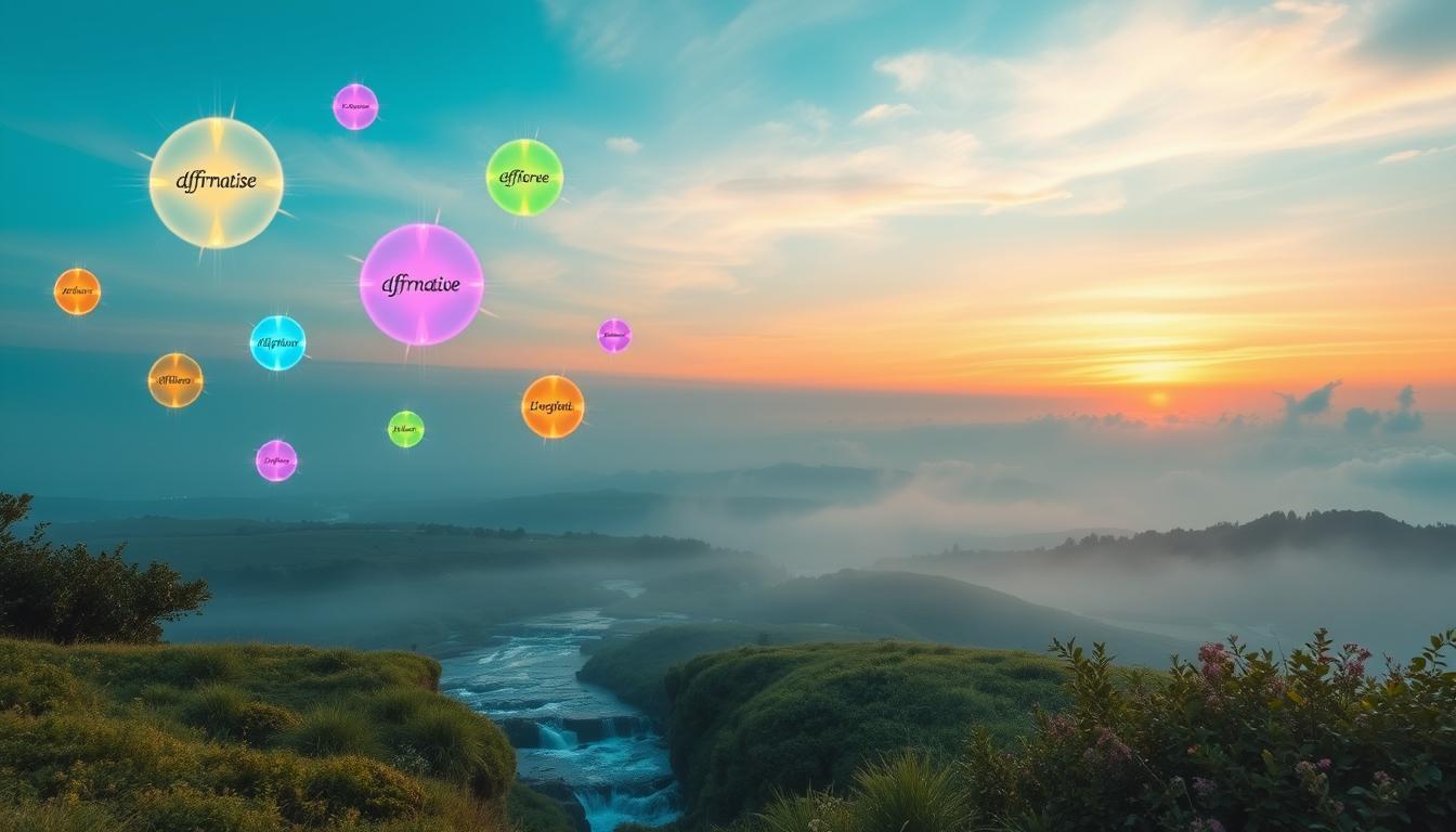 A serene landscape depicting vibrant affirmations illustrated as colorful, floating orbs in a tranquil sky. Each orb radiates light and energy, surrounded by lush greenery and gentle flowing water. The scene conveys a sense of positive energy and harmony, with a breathtaking sunset in the background casting warm hues across the horizon. The atmosphere is peaceful and uplifting, symbolizing the power of manifestation through visual positivity.