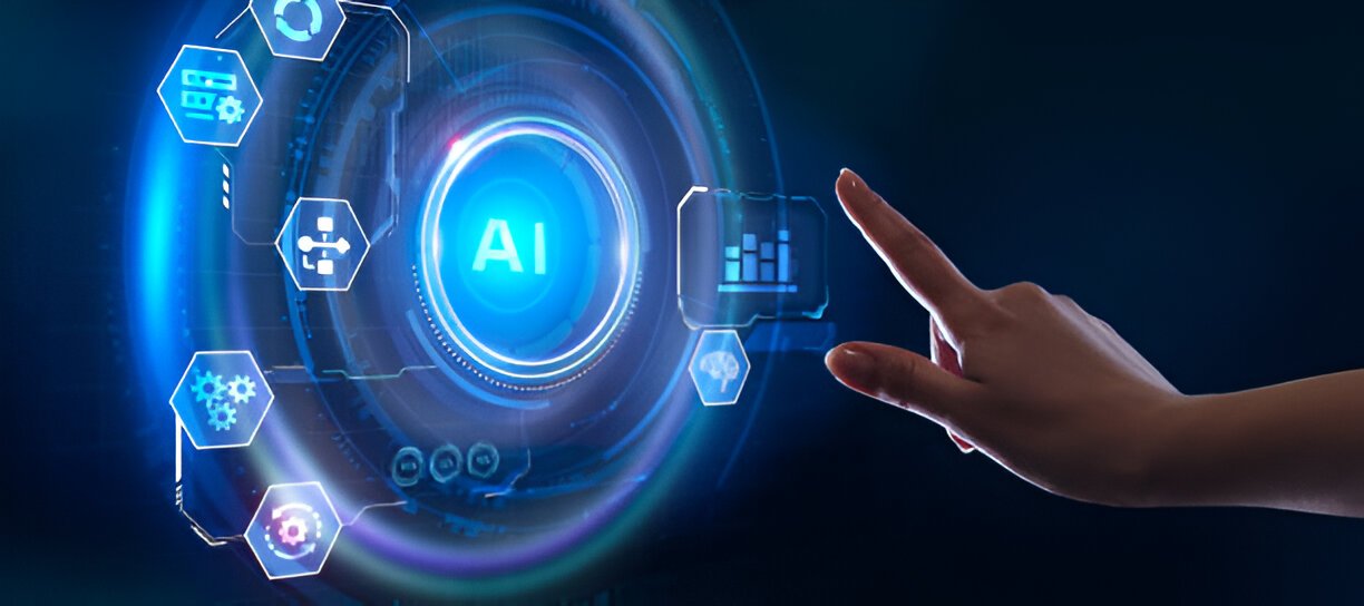 Hand interacting with an AI-powered interface, highlighting the role of AI in improving operational efficiency and financial forecasting.