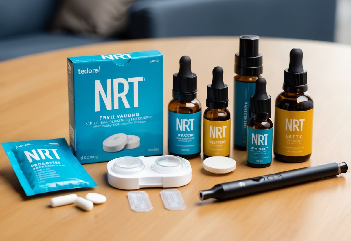 A variety of NRT products arranged on a table, including patches, gum, lozenges, and inhalers. A vape pen and e-liquid bottles are shown alongside, symbolizing the transition from vaping to NRTs