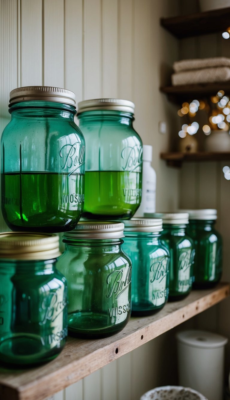 A collection of vintage green glass jars arranged on a rustic bathroom shelf