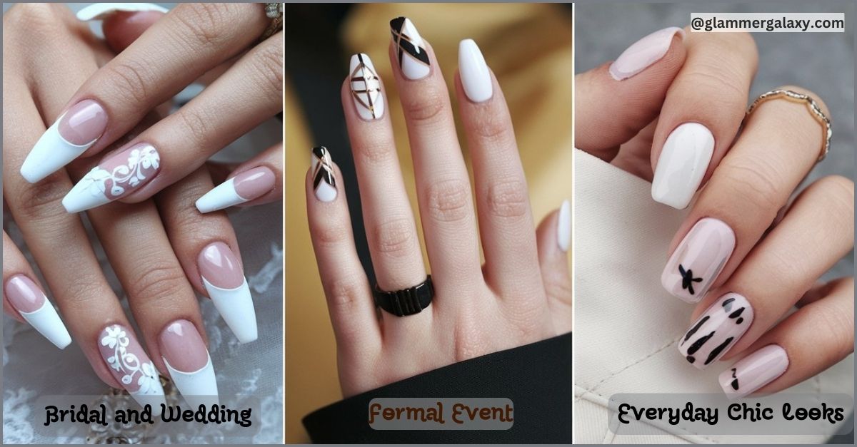 Three images of hands with styled nails for different occasions, labeled bridal, formal event, and everyday chic.