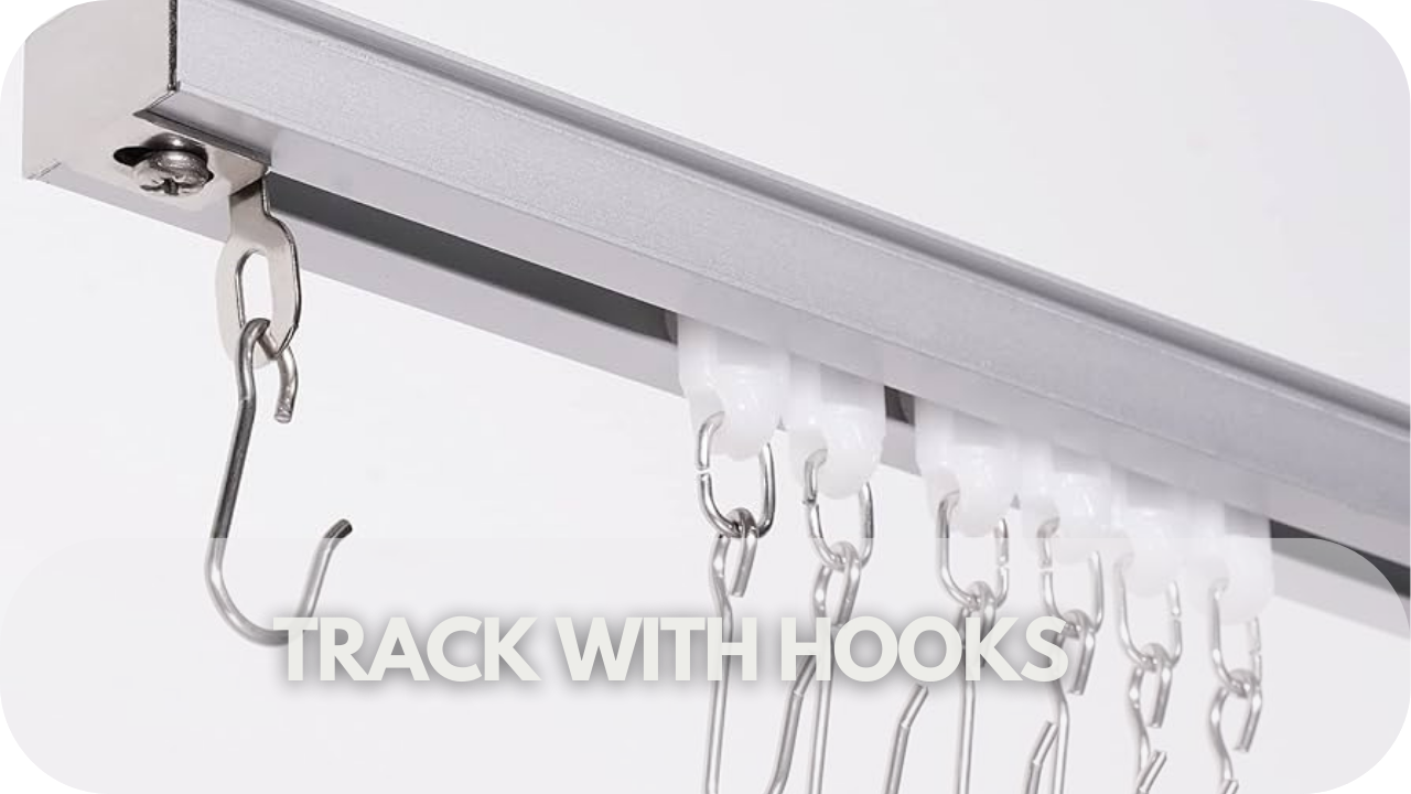 Convenient tracks with hooks for easy curtain hanging and movement.