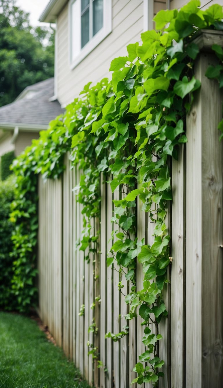 A wooden privacy fence covered in lush green vines stands against the side of a house, creating a natural and secluded landscaping feature